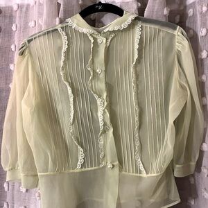 Vintage Sheer Light Lime Green Blouse with Lace Trim